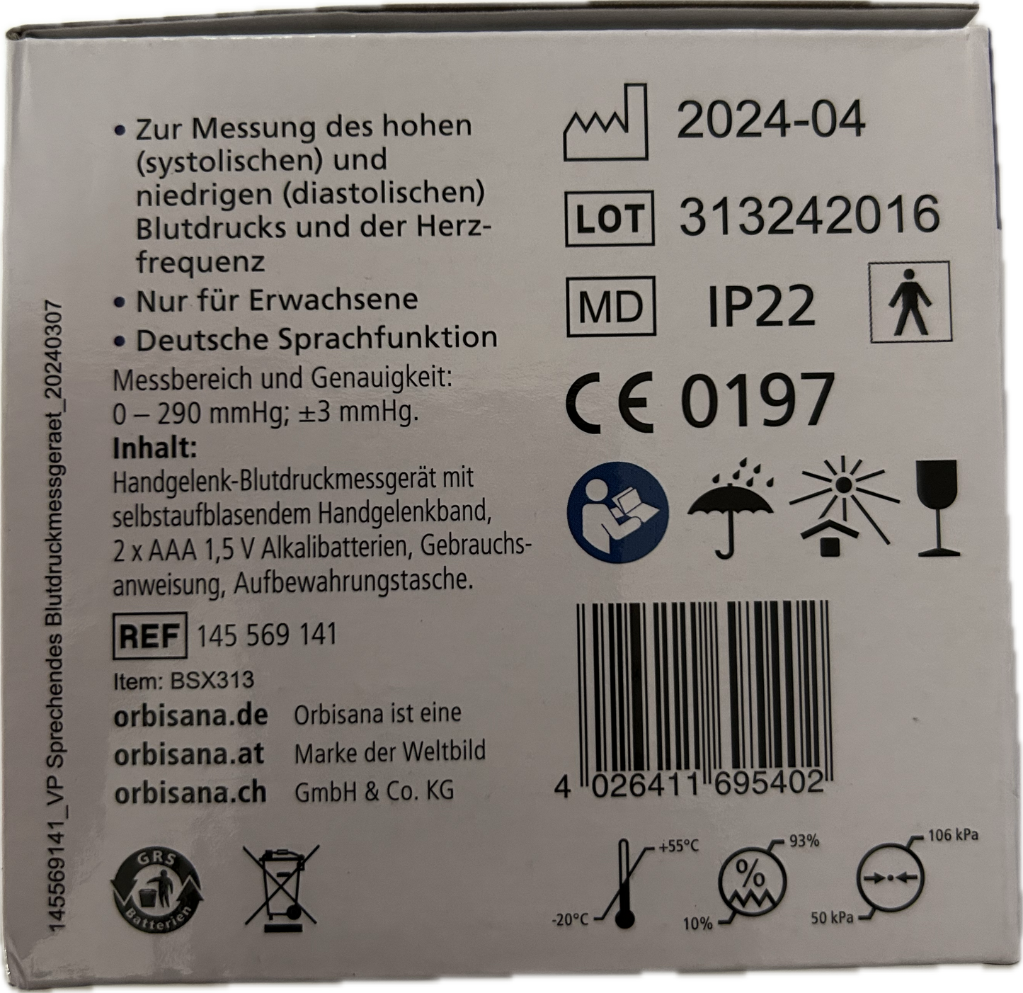 Orbisana BDH 350 sprechendes Blutdruckmessgerät, Handgelenksblutdruckmessgerät